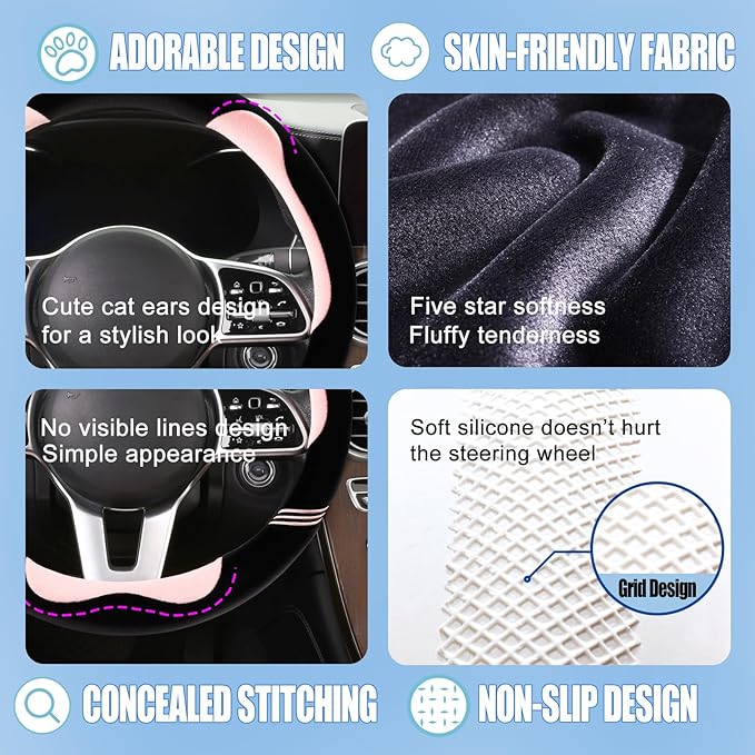 Furry Cute Steering Wheel Cover, Soft Fluffy Short Plush Auto Accessories, Non-Slip Cold-Proof Sweat-Proof Colorfast, Universal 15 inch(Black with Pink)