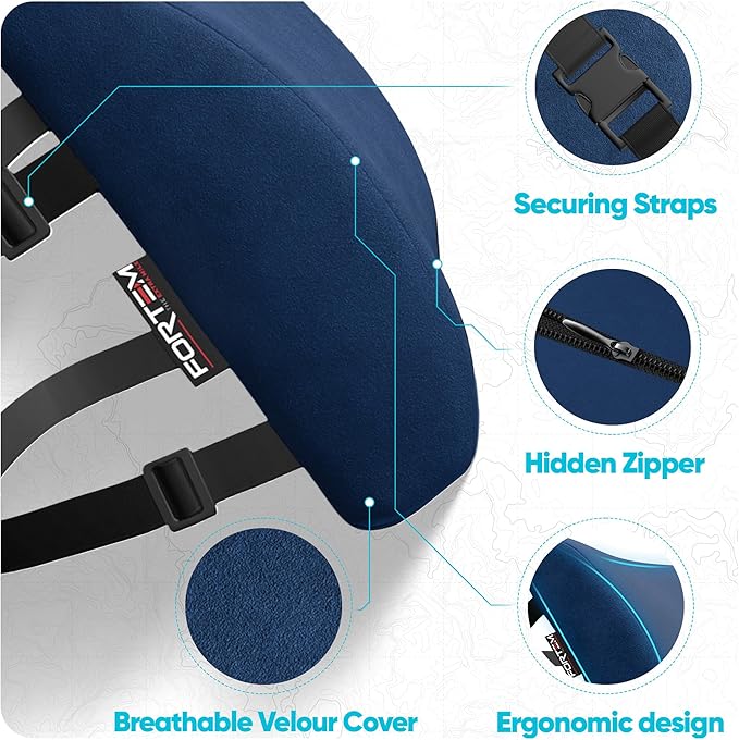 FORTEM Lumbar Support Pillow for Office Chair, Lumbar Support Pillow for Car, Back Rest for Gaming, Memory Foam Pillow, Desk Chair Cushion, Breathable & Washable Cover, Adjustable Straps