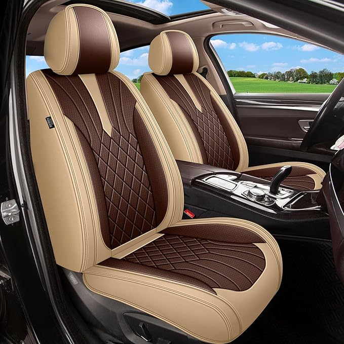 Car Seat Covers Front Seats for Honda CR-V CRV 2015-2025 2026, Breathable Cooling Ice Silk Leather Car Seat Covers, 2 Seats Vehicle Seat Protector Seat Cushion Auto Accessories (Black&Beige)