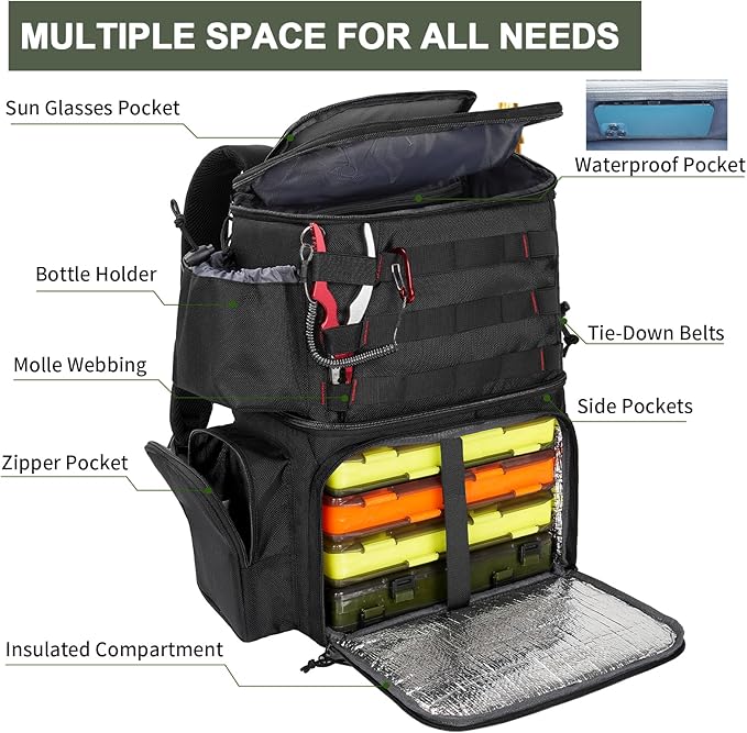 MATEIN Fishing Backpack, Water Resistant Tackle Storage Bag with Rod Holders & Cooler, Fishing Gifts for Men
