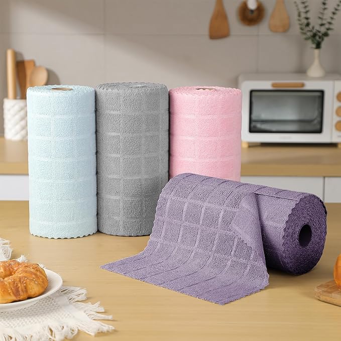 Ferdilan 80 Pack Microfiber Cleaning Cloth Roll,Lint Free Rags Paper Towels & Tear Away Reusable Towels,Washable Shop Rags,Wash Cloths Dish Rags(12" x 12") for Car Kitchen Window Garage-Dark Purple