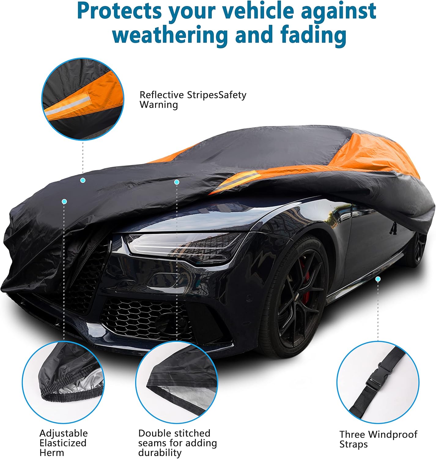 MORNYRAY Waterproof Car Cover All Weather Snowproof UV Protection Windproof Outdoor Full car Cover, Universal Fit for Sedan (Orange, A6-Fit Sedan Length(207-216 inch)