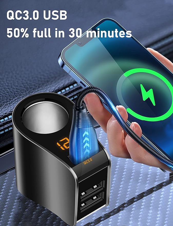 LIHAN 3 USB Car Charger, QC3.0 Output, Cigarette Lighter Adapter, 12V/24V Outlet Plug, Voltage Meter, Compatible for iPhone,iPad, Samsung, USB Charging Devices