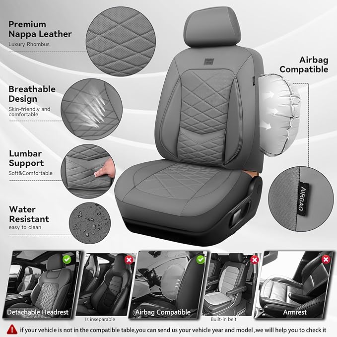 CAR PASS Luxury Nappa Leather Seat Covers Full Set, Water Resistant Faux Leather Seat Cover with Lumbar Support, Breathable Automotive Seat Covers Universal Fit for Sedan SUV Van Truck, Pure Gray
