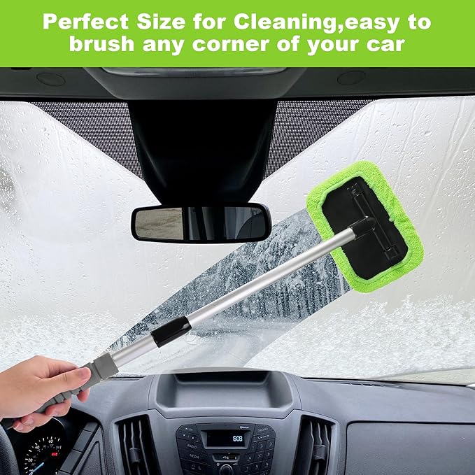 XINDELL Windshield Cleaning Tool for Car – 22inch Extendable Handle Window Cleaner with Reusable Microfiber Pads, Streak-Free Interior & Exterior Auto Glass Cleaner (Green)