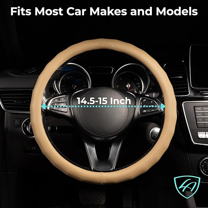 Lord Autofashion Steering Wheel Cover – PU Leather, Non-Slip Rubber Inner, All-Season Comfort – 14.5–15 Inch (Beige 8571)