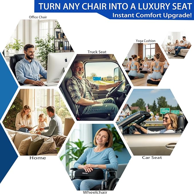 Ergonomic Seat Cushion for Office Chair &Car-Advanced Memory Foam Coccyx Pillow for Tailbone,Sciatica &Lower Back Pain Relief-Non-Slip Desk Chair Pad for Long Sitting,Posture Support-Black