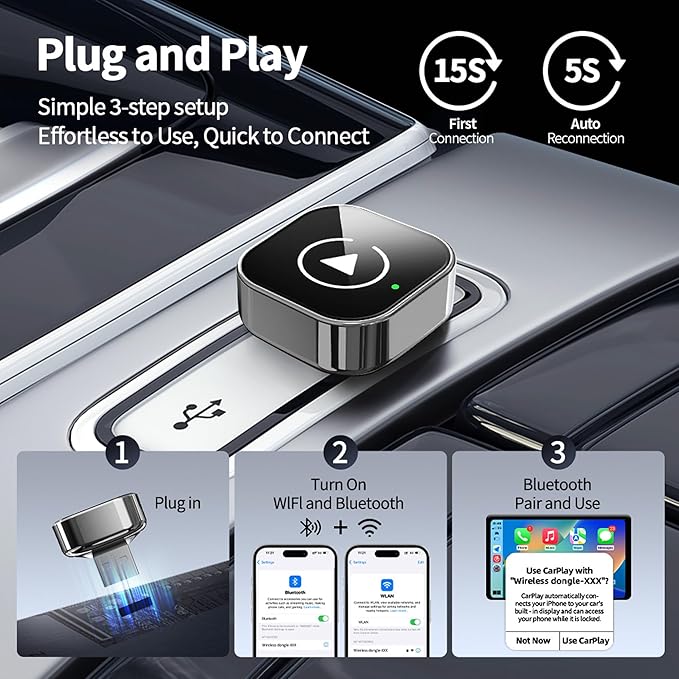 PWireless Wireless CarPlay Adapter & Android Auto Dongle 2026 Upgraded, Fast Auto-Connect, Stable Connection, Mini Size Plug & Play Adapter for iPhone & Android Auto Compatible Cars (Black)