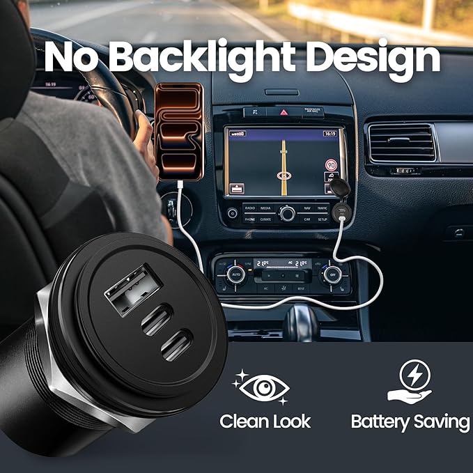 72W 3 Port 12V USB Outlet, Dual PD3.0 Type-C & QC3.0 Aluminum Car Charger, Multi Port USB Power Socket Cigarette Lighter Replacement for RV Camper Truck Boat Golf Cart (1Pcs)