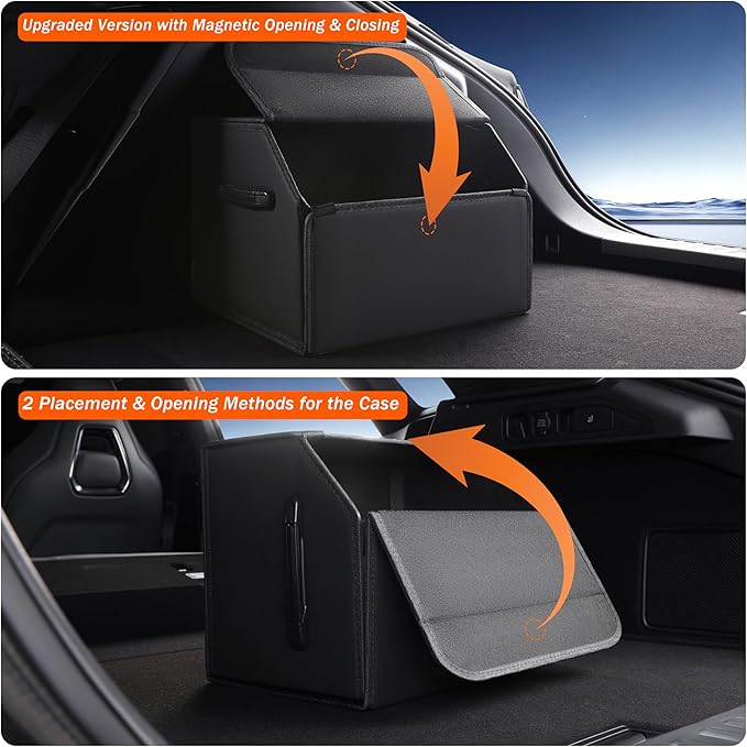 Trunk Organizer,car organizers and storage,black Leather Storage Box with lid,Fiberboard,Collapsible,15''L x 13''W x 12.4''H,2K inches³(size A)
