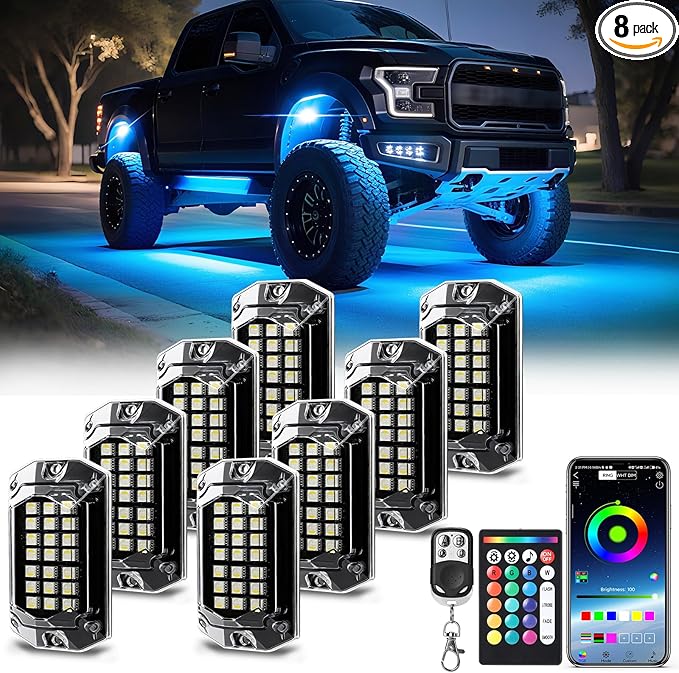 8 Pods Full Angle RGBW LED Rock Lights, 6500K Pure White RGB Rock Light for Jeeps Truck Golf Cart ATV UTV RZR Pickup Underbody, 12V Waterproof Multicolor Underglow Kit with APP/RF Control Sync Music