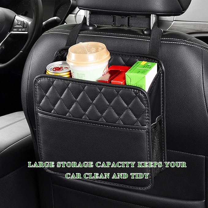 2PCS Car Seat Back Organizer, Waterproof Leather Hanging Backseat Organizer with Storage Pockets, Large Capacity Auto Trash Bag Collapsible Document Holder for Most Vehicles