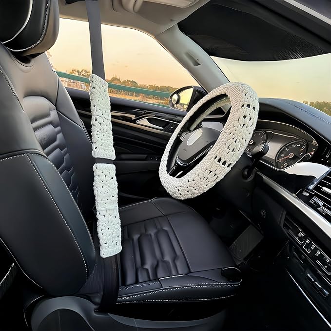 Crochet Steering Wheel Cover, Sunflower Steering Wheel Cover, 14-15 inch, Universal fit, Boho Car Accessories, for Men, Women and Girly, White (Wheel Cover Set)