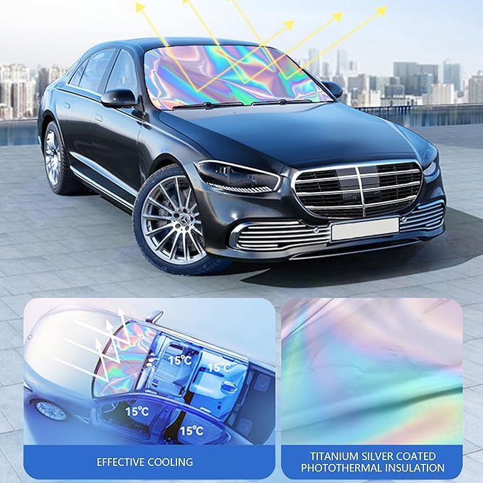 Sunshade Car Front Windshield Titanium Silver Sun Shade Iridescent Car Sunshade Foldable Sun Shield Cover Block UV Rays, Reflector Shield Suitable for Most Cars SUVs Large 57 x 31.5 in