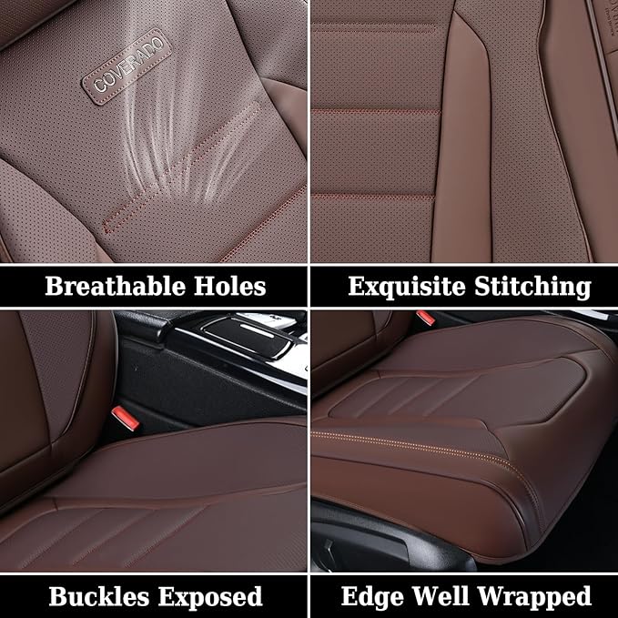 Coverado Car Seat Covers Full Set, Nappa Leather Seat Covers for Cars, Car Seat Protector Car Seat Cushion, Front and Back Seat Protectors Cushions Universal Fit for Most Cars Vehicles(Brown)