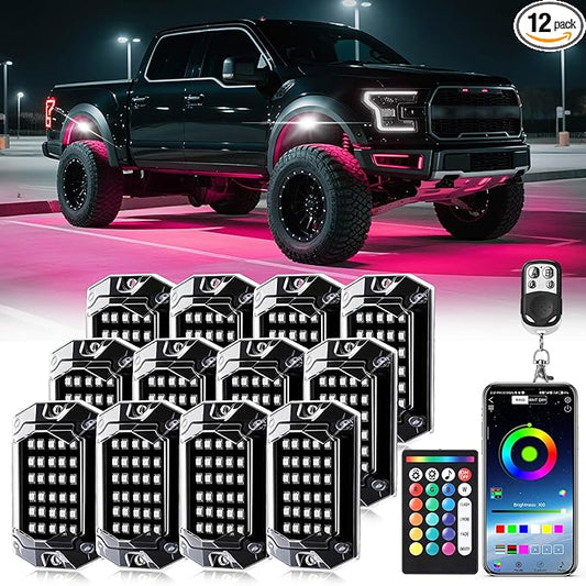 12 Pods RGB LED Rock Lights for Trucks ATV UTV Golf Cart RZR Offroad SUV Cars, Waterproof Multicolor Neon Underglow Kit with Bluetooth APP/RF Remote Control, Vehicle Accent Underbody Light 12V