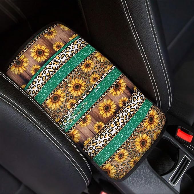 Leopard Car Center Console Cover Flower Printed Armrest Cover Pad Protector Decoration Soft Auto Center Console Pad Automotive Interior Accessories for Vehicle SUV Truck