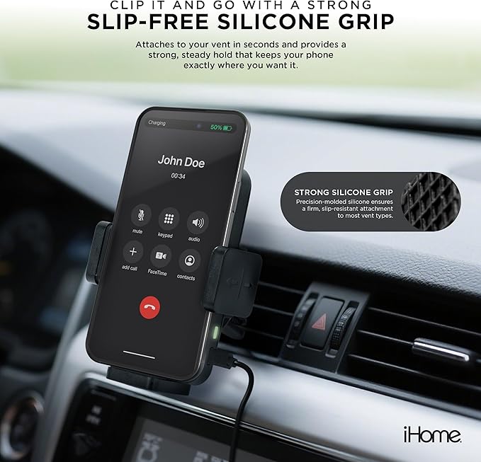 iHome Car Mount, Dashboard/Windshield/Vent Mount, Swivel Neck, Silicone Grip, Adjustable Mount Arm with Suction Cup Base (Wireless Charging Car Mount)