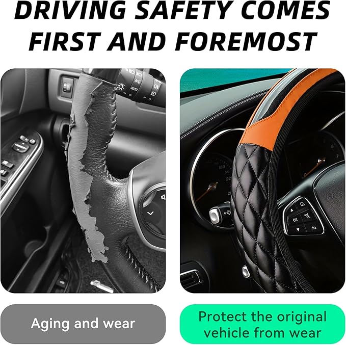 Car Steering Wheel Cover, 14.5-15inch Leather Anti-Slip Car Wheel Cover Protector, Safety Comfortable Desgin, Universal Auto Steering Wheels Accessories for Cars Truck SUV (Orange)