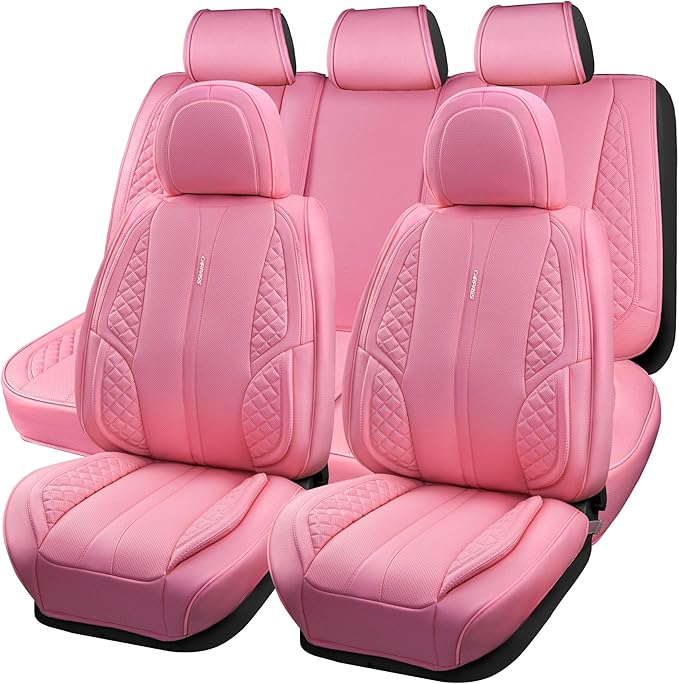 CAR PASS Nappa Pink PU Leather Car Seat Covers Full Set Cute for Women Waterproof Cushioned,Universal Fit for Sedan SUV Pick-up Truck,Automotive, Anti-Slip Front and Backseat Luxury Premium (Pink)