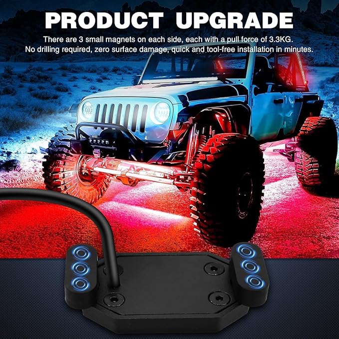 Nilight RGB LED Rock Lights Kit 4 PCS Underglow Multicolor Neon Light Pod with Magnetic Base Bluetooth App Control Flashing Music Mode IP68 Wheel Well Light for Truck ATV UTV RZR SUV