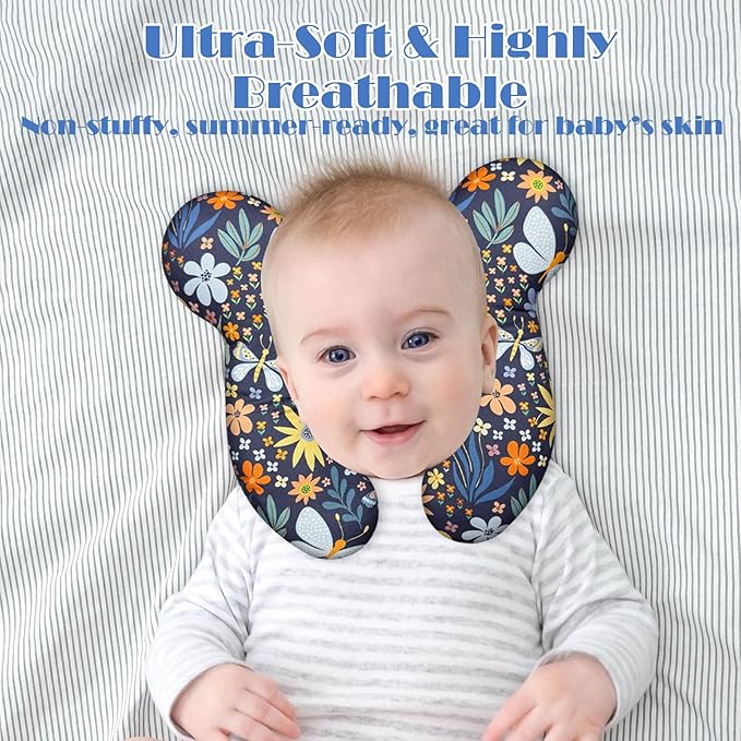 Baby Head Support Pillow for Newborn Toddler, Baby Neck Pillow Upgraded Comfortable Sleep Cushion for Car Plane Stroller Pushchair - Flower B