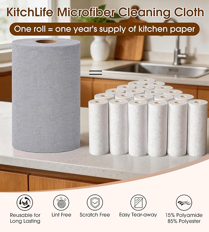 KitchLife Microfiber Cleaning Cloth Roll, 100 Pack - Tear-Away Microfiber Paper Towels, Lint-Free, Reusable, Washable for Kitchen, Car, Dishes, and Sensitive Surfaces (Dark Gray)