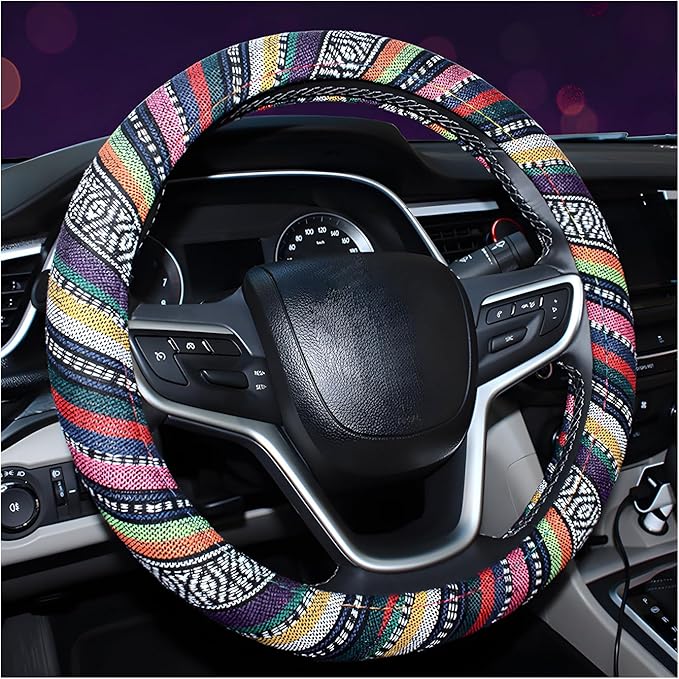 Boho Steering Wheel Cover, 15.0"×15.0" Anti-Slip Baja Blanket Ethnic Steering Wheel Protector, Breathable Flax Cloth Elastic Bohemian Steering Wheel Cover, Car Accessories (Style B)