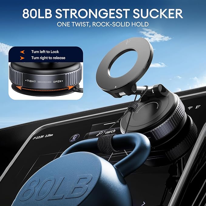 Magnetic Car Phone Holder, 360° Vacuum Magnetic Phone Holder for Car, MagSafe Car Mount with 80LBS Ultra Strong Suction& 2800gf Magnetic, Compatible with All Smartphones & All Car Models