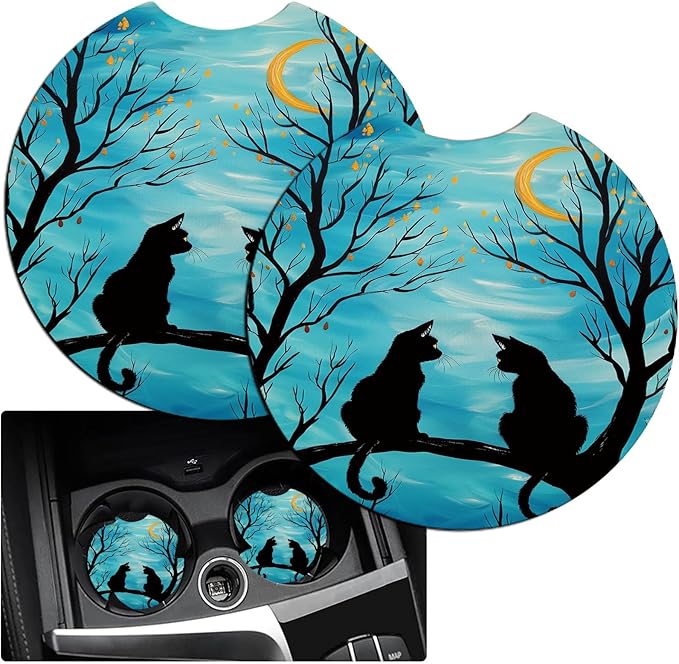 Car Armrest Cover Pads Universal Fashion Cute Auto Center Console Armrest Cover Pad with 2PCS Car Coasters Soft Waterproof Car Armrest Seat Protector for Women, Two Cats Tree Branch Moon