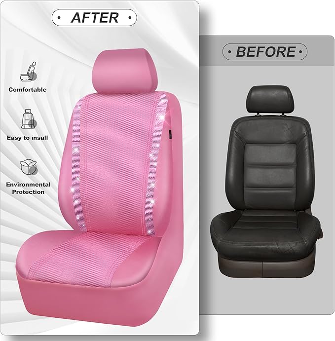 CAR PASS Bling Diamond Car Seat Covers Full Set, Shining Rhinestone Waterproof Faux Leather, Rear with Zipper, Universal Fit Automotive Glitter Crystal Sparkle Strips for Cute Women Girl, Pink