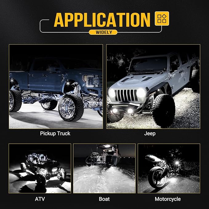 Hovano 16Pods Alloy White Rock Lights Kits with Extension Wires,6000K Pure White Color 42 LED Super Bright Chips IP68 Waterproof Underglow Kit for Pickup Off Road Trucks SUV ATV UTV Golf Car Boat