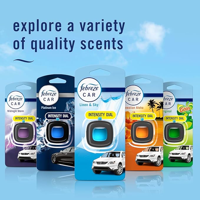Febreze Car Air Freshener, Odor-Fighting Automotive Vent Clip, Scented Car Accessories, Long Lasting for Strong Odors, Linen & Sky Scent, 4 Count