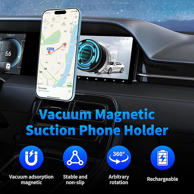 Electric Vacuum Magnetic Car Phone Holder, Automatic Suction, Effortless Release for Easy Storage, Suction Phone Mount Compatible with Magsafe iPhone and Android Case, Black