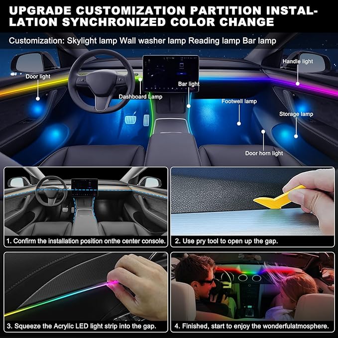 Dreamcolor Acrylic Interior Car LED Strip Light with USB/Type C, 10 in 1 with 179.24 inches 610 LEDs Ambient Lighting Kits, Sound Active Function Neon Accessories