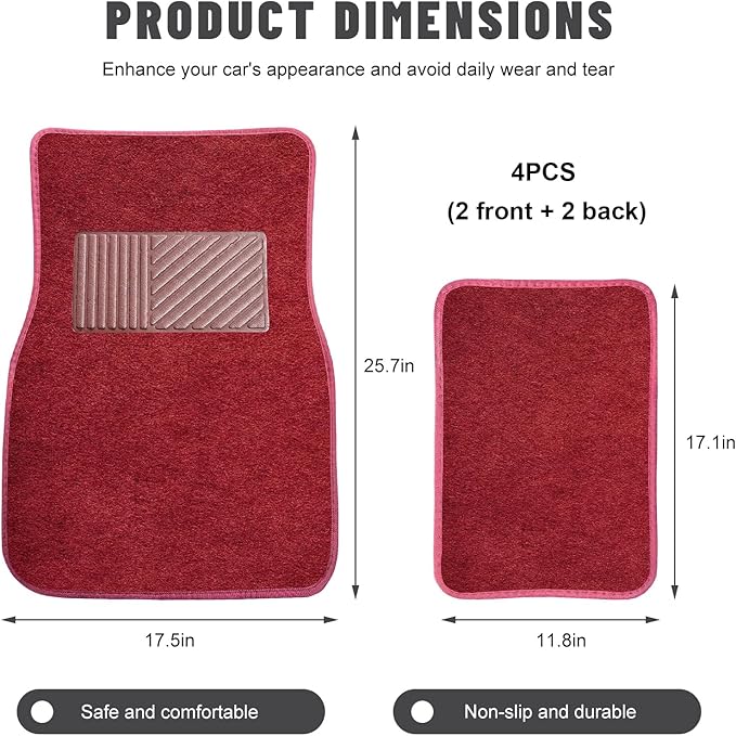 Sun Walker 4 PCS Car Floor Mats, Waterproof Anti-Slip Front & Rear Car Carpets with Driver Heel Pad, All Weather Floor Protective Pads Universal for SUVs Trucks Sedans Vans (Wine Red)