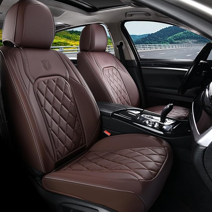 Coverado Front Seat Covers, Car Seat Covers Front Seats, Luxury Faux Leather Seat Covers for Cars, Car Seat Protector Waterproof, Automotive Driver Seat Cover Universal Fit for Most Cars, Brown