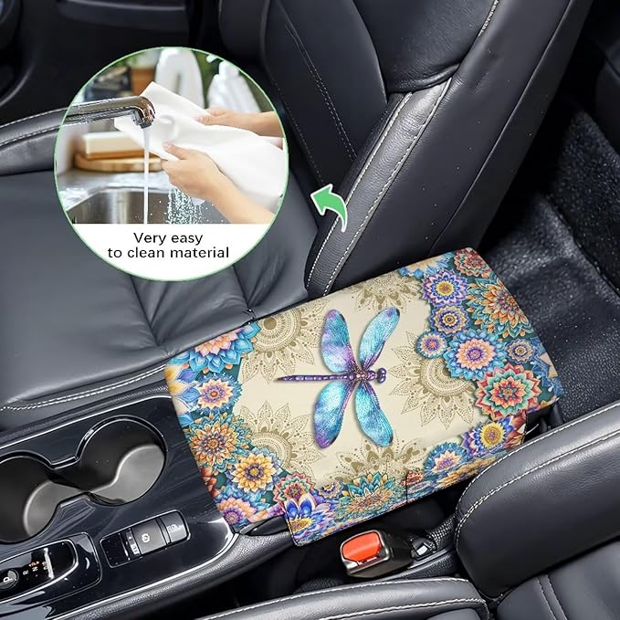 Dreaweet Boho Dragonfly Car Center Console Cover Thick Comfortable Console Console Armrest Pad Universal Arm Rest Cover for Car SUV Truck Sedan Armrest Storage Box Cover Pad