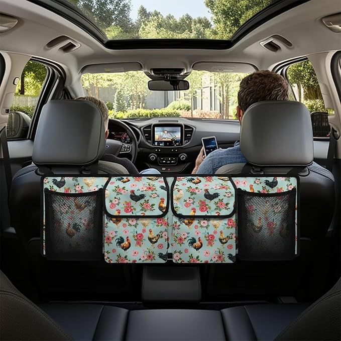 Farm Rooster Car Backseat Trunk Organizer for Women Pink Peony Flowers Hanging Car Storage Organizer with Extra Storage Space for SUVs,Trucks,Vans