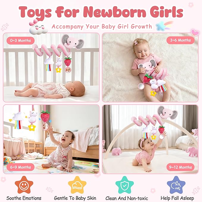 Spiral Car Seat Toys for Baby Girls 0-6 Months, Cute Pink Elephant Strawberry Stuff, Perfect Newborn Shower Gifts for Girls Essentials