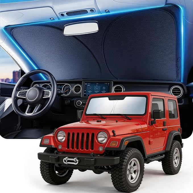 DMJN Windshield Sun Shade for Jeep Wrangler TJ JK JL JT (2011-2026), Car Sunshade for Front Windshield [100% Efficient Block UV & Scorching Sun] UPF50+ Heat Block - Protect Interior & Keep Cooler