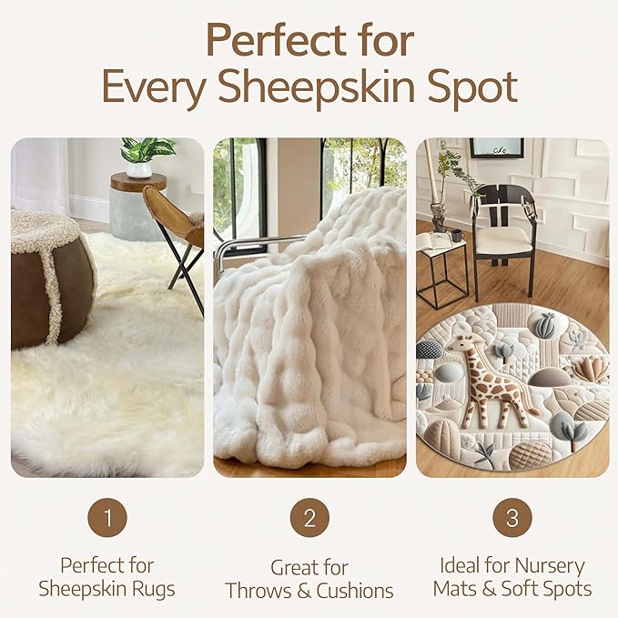 WaySoft Sheepskin Rug Brush with Premium Natural Beech Wood Handle, Restores Softness & Fluff, Gently Removes Dirt, Ideal for Sheepskin Rug Care, Includes Hanging Leather Strap for Easy Storage