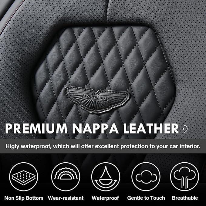Coverado Seat Covers, Car Seat Covers Full Set, Black Car Seat Cover, Car Seat Covers Front Seats Back Seat Cover, Waterproof Car Seat Cushion, Leather Seat Covers Seat Protector Fit for Most Cars