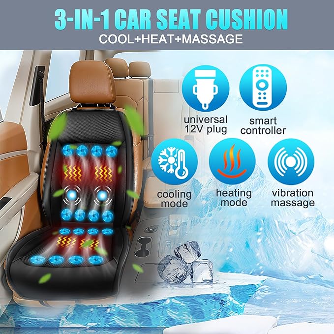2025 Upgraded 3-in-1 Cooling Car Seat Cover Front Seat, 12V Ventilated Cooling Car Seat Cushion with Massage, Summer Cooling Seat Cover for Car SUV Truck Universal Fit (Black-4)