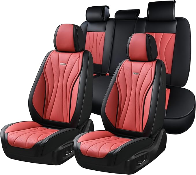 Coverado Car Seat Covers Full Set, Premium Leather Seat Cover for Cars, Front and Back Car Seat Protector, Waterproof Car Seat Cushion Universal Fit for Most Vehicles(Black&Red)