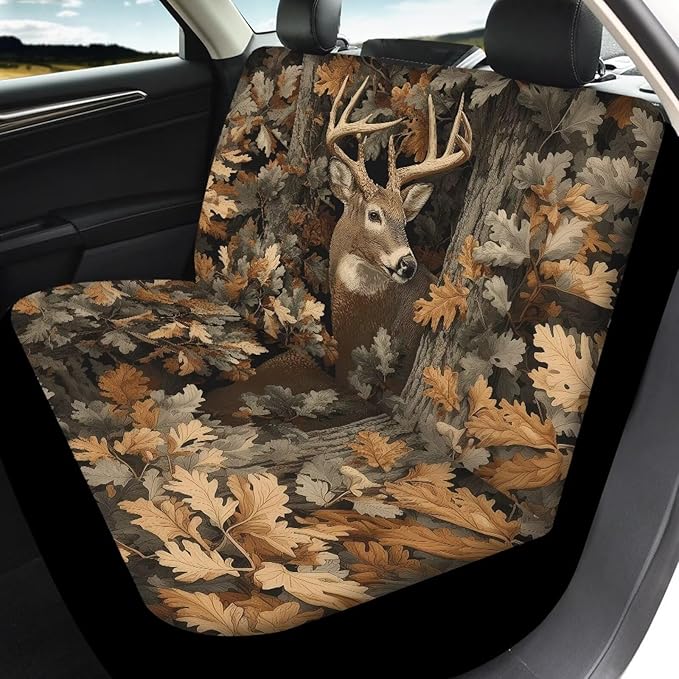 KEIAHUAN Car Seat Covers for Front and Rear Seat Full Set of 4 Pcs Camo Deer Hunting Design Front Saddle Blanket Rear Split Bench Protection Cover Automotive Interior Accessories