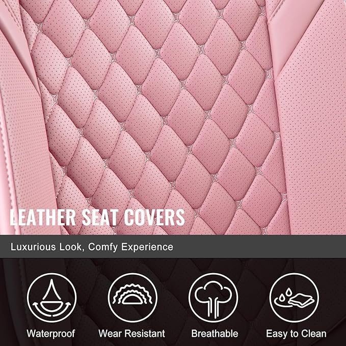 Auto Car Seat Covers Full Set Leather Cushion Protector Breathable Waterproof Seat Cover for Cars Universal Fit (Pink, Full Set Without Headrest)