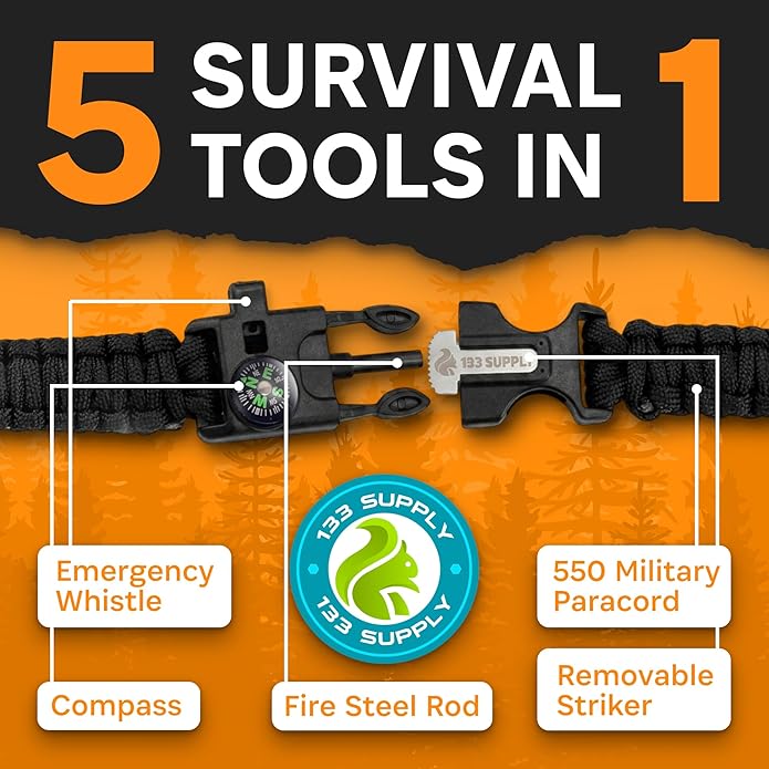 Paracord Bracelet Compass Hiking Survival Kit Emergency Whistle Fire Starter Camping Gear Hiking Essentials Fishing Hunting Accessories EDC Backpacking Gear Tactical Survival Gear Equipment