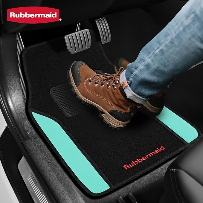 Rubbermaid Car Mats, Carpeted Floor Car Mat with Faux Leather & Built-in Heel Pad, Two-Tone Car Rug Floor Mats, Stylish Carpeted Floor Mats for Cars, Trucks & SUVs Mint Color