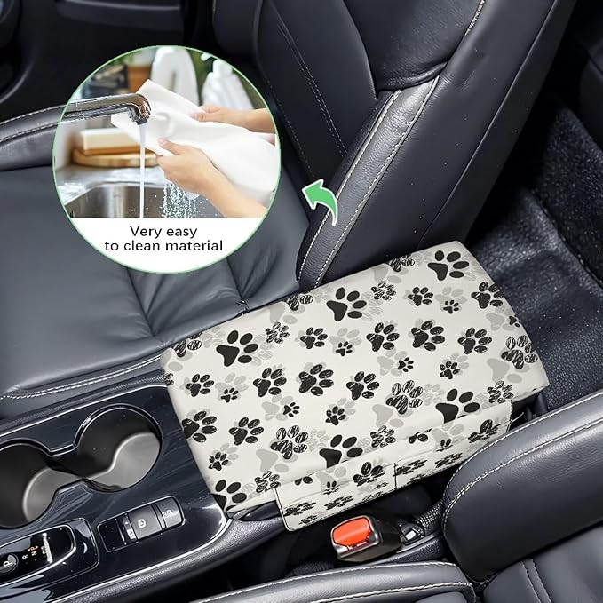 Dreaweet Cute Center Console Cover Black Dog Paw Print Car Arm Rest Cover Pad with Pockets Soft Comfy Thick Armrest Cover Universal Fit Auto Accessories Interior for Women